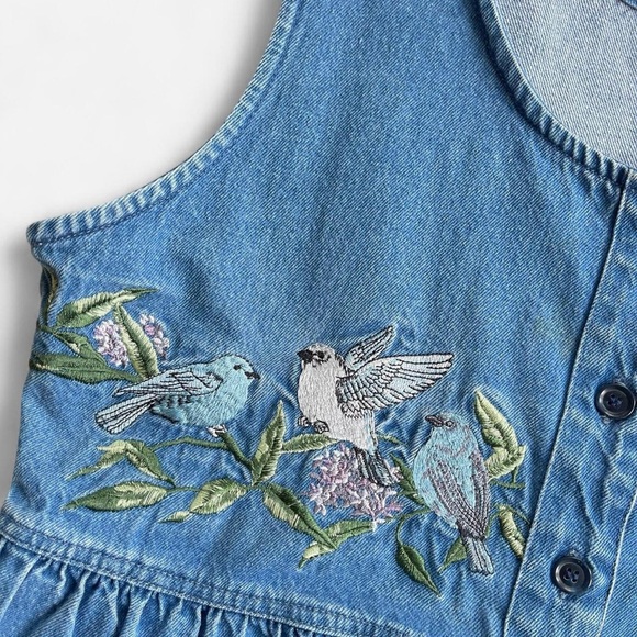 Vintage National Wildlife Federation Embroidered Blue Birds Denim Jumper Dress - Picture 6 of 7